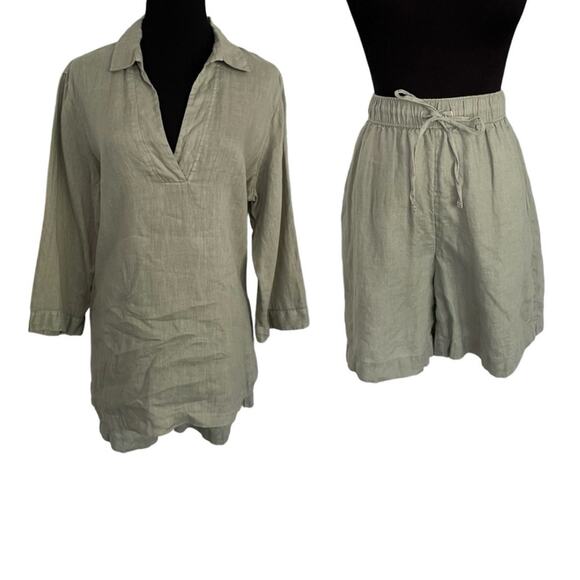 Tahari 100% Linen Button Down Shirt & Short Set Moss Green Womens L/S Resort - Picture 1 of 12